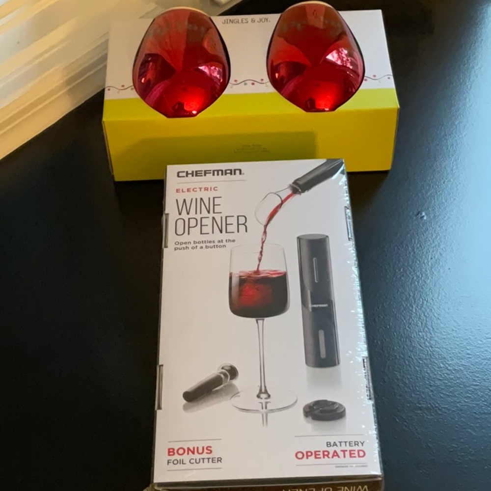 Chefman battery operated wine opener set plus two wine glasses. NWT